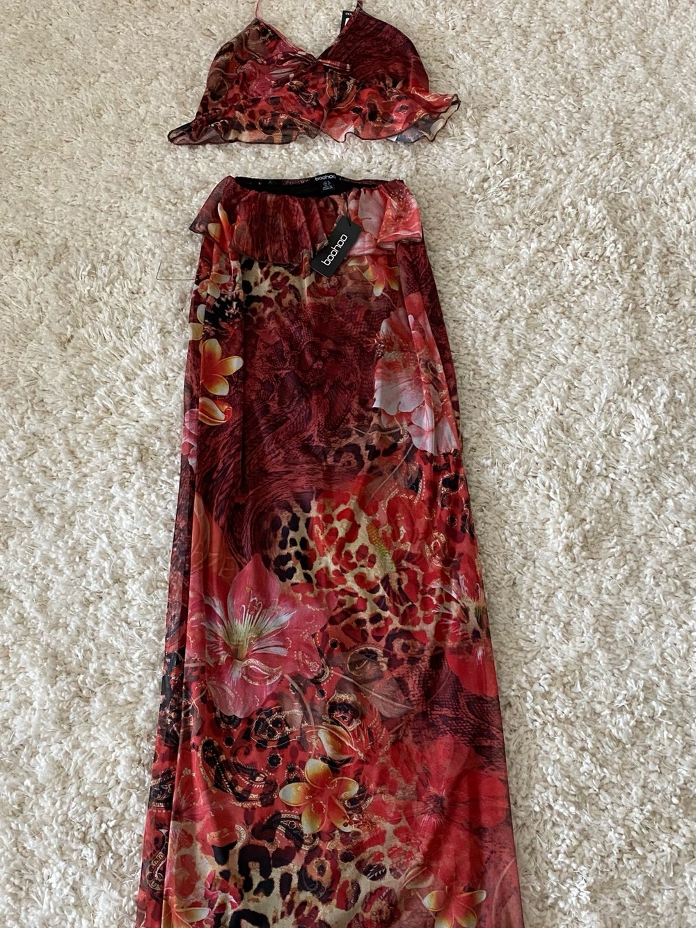Boohoo Floral Leopard Print Maxi Skirt Set